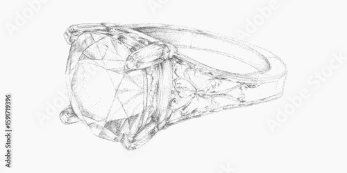 Drawing of a diamond ring. Retro stipple effect illustration with noisy halftone dots, photocopy paper, threshold outlines.