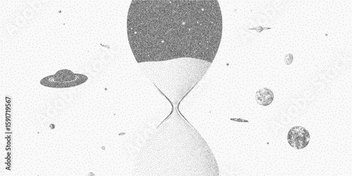 Black and white drawing of a clock. Authentic stipple graphic, halftone texture, photocopy speckles and threshold cutouts for analog zine art.
