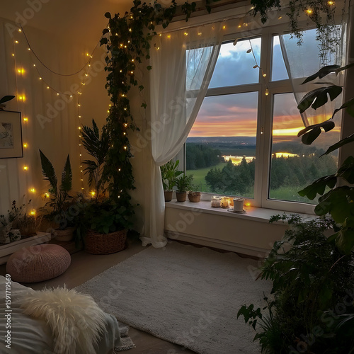 Soft-Themed Full Room Interior with Beautiful Window View