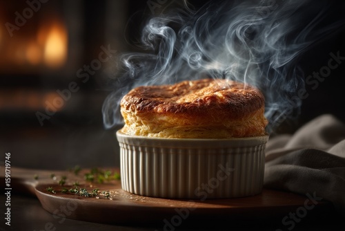 A delicious, freshly baked souffle with steam rising from its golden crust.