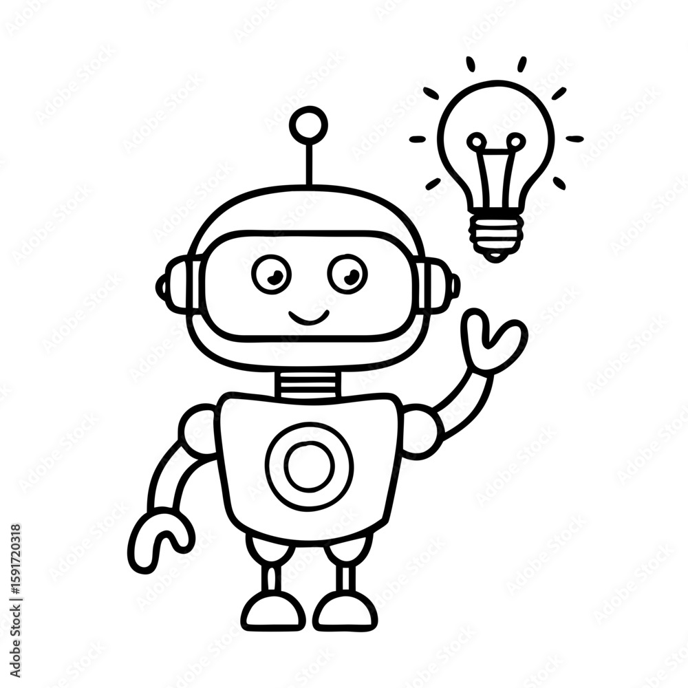 Outlined ai robot chat bot cartoon character having A Bright Idea Outlined ai robot chat bot cartoon character having A Bright Idea