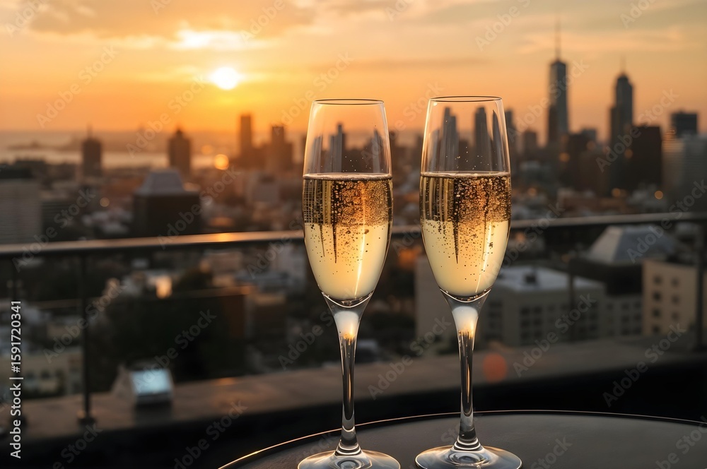 Obraz premium Champagne Toast at Sunset: Two elegant champagne glasses stand poised on a rooftop overlooking a cityscape, catching the golden hues of the setting sun in a moment of celebratory luxury.