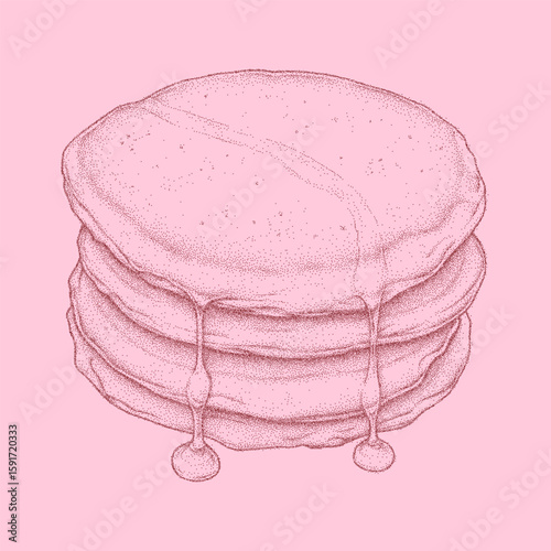 Close up of a stack of pancakes with a pink background. Noisy stipple sketch with halftone shading, paper photocopy effect and strong threshold contrast.