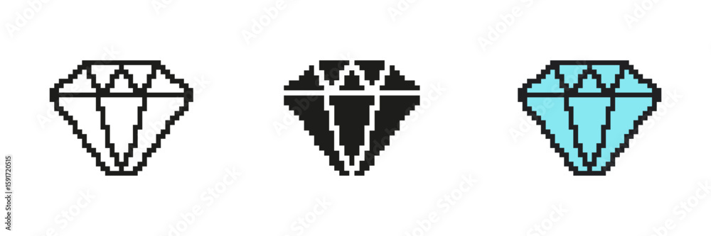 Obraz premium Pixel Art Diamond Icon Set. A Pixelated Diamond Shape With Crisp Geometric Lines. Isolated Vector Illustration
