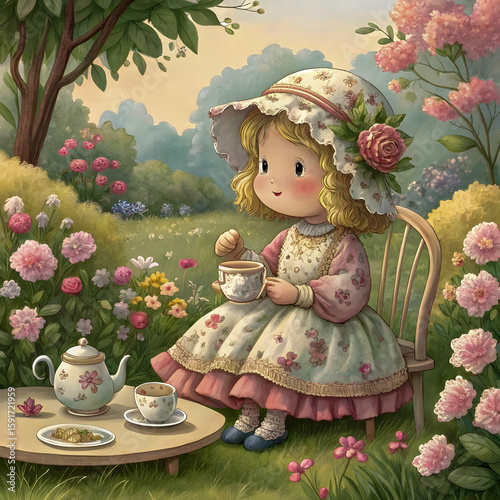 Garden Tea Party Doll in Soft Floral Dress with Teacup