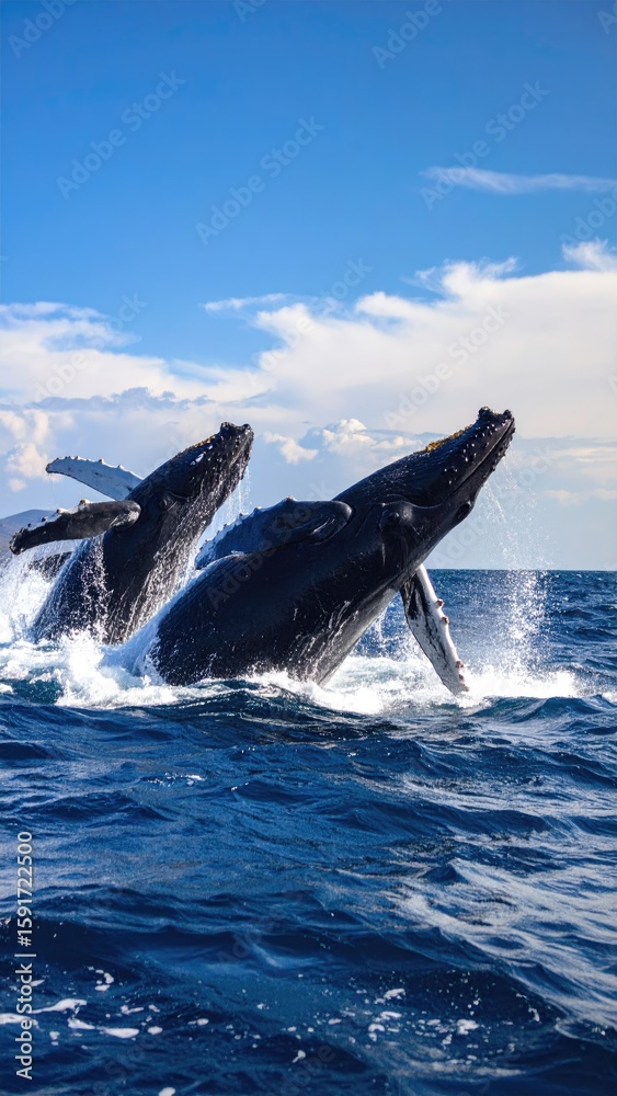 Fototapeta premium Whales breaching in ocean