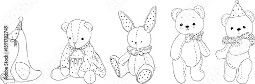 A set of illustrations for childrens soft toys in the line style. Vector illustration