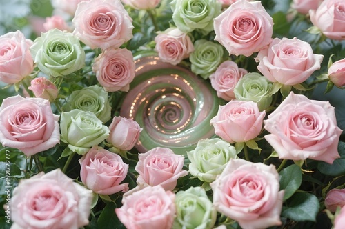 Rose Bouquet and Abstract Ornament: An enchanting collection of soft pink and muted green roses forms a vibrant, artistic display.