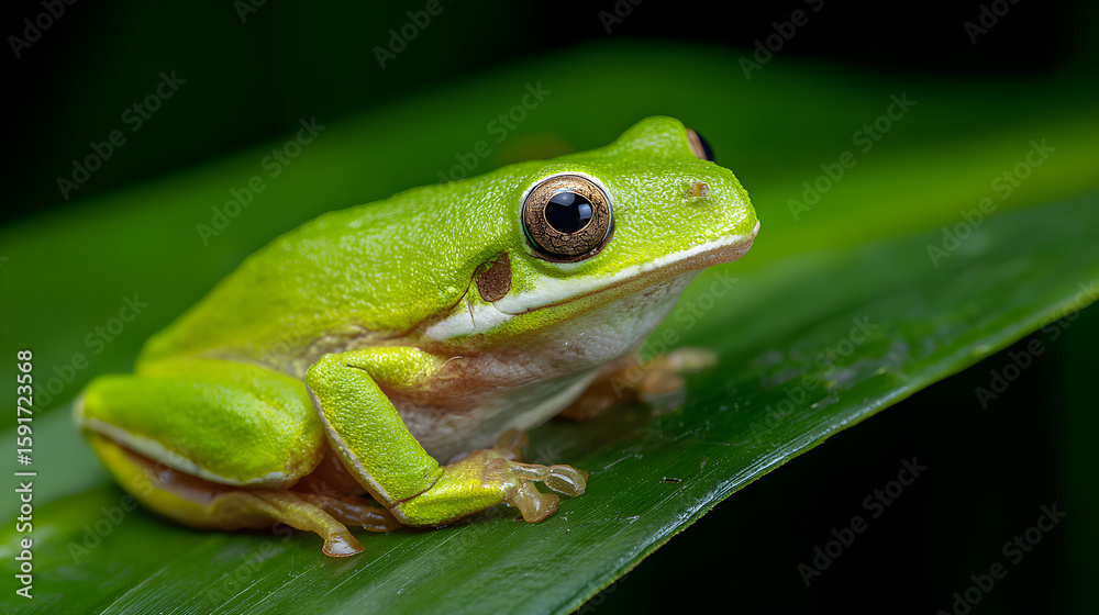 Green Tree Frog perched on a leaf, vivid green, tropical rainforest Green Tree Frog perched on a leaf, vivid green, tropical rainforest