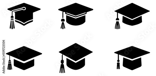 Graduation Cap Icons Set with Tassel and Gown Silhouette