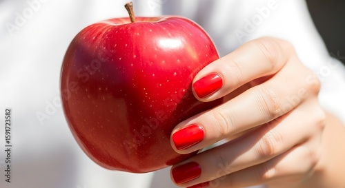 Vibrant red apple held delicately in a woman's hand with matching manicure