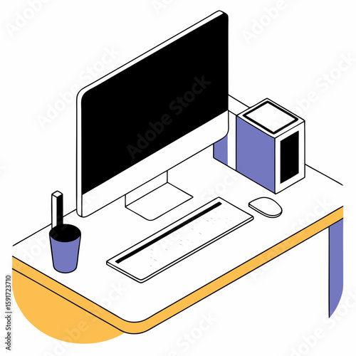 Vector isometric illustration of a tech workspace with a desktop monitor, PC tower, keyboard, mouse, and pen holder on a modern desk. Ideal for representing technology, office setup, digital work envi