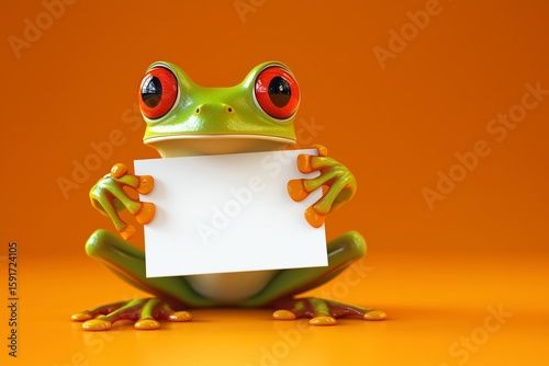 3D Cartoon Red-Eyed Tree Frog Holding Blank Sign on Bright Orange Background