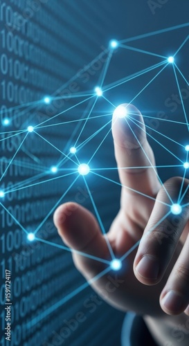 Human finger touching glowing blue network nodes and binary code technology data
