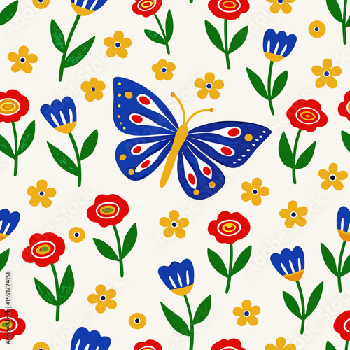 A seamless pattern of colorful, abstract butterfly shapes in various shades of blue, green, red, and orange, against a white background, conveying a sense of playfulness and vibrant energy.
