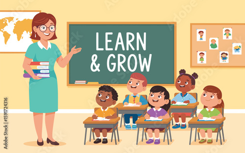 Classroom Learning Illustration with Teacher and Diverse Students