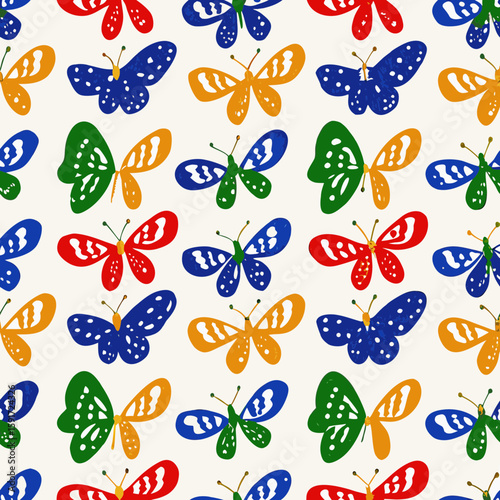 A seamless pattern of colorful, abstract butterfly shapes in various shades of blue, green, red, and orange, against a white background, conveying a sense of playfulness and vibrant energy.
