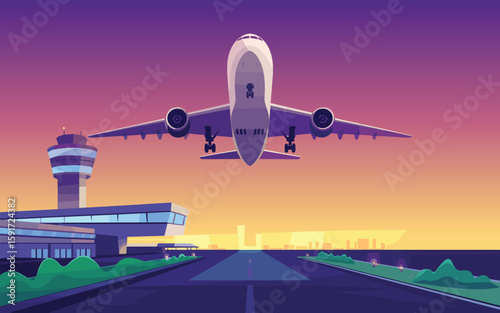Airplane Taking Off Vector Illustration of Flight at Sunset
