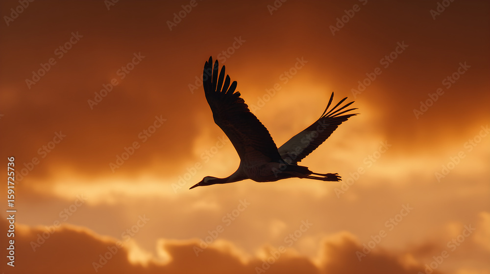 Naklejka premium Stork flying across a sunset sky, silhouette, calm and majestic