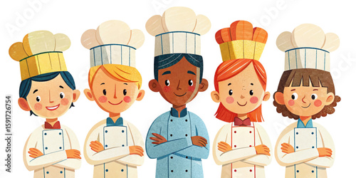 set of chef collection professionals standing confidently with arms crossed and smiling. Formal attire, diverse characters, food theme, isolated on white background