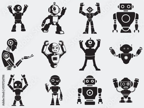 Set of cartoon robot icons with different emotions