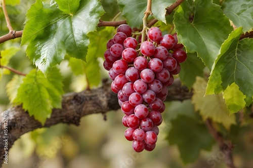 Harvested Vineyard Grapes: A lush cluster of ripe grapes, glistening with natural sweetness, hangs invitingly on a vine amidst verdant leaves, representing the essence of a bountiful harvest.
