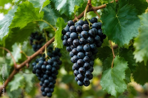 Wallpaper Mural Vineyard Harvest: A vibrant close-up captures a cluster of ripe grapes, glistening with freshness, hanging on a vine amidst verdant leaves, a picturesque scene of vineyard harvest. Torontodigital.ca