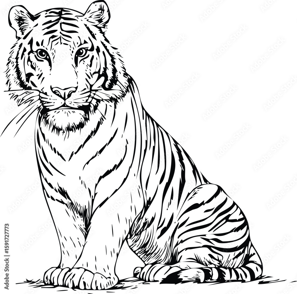 Obraz premium Sitting Tiger Line Art Illustration