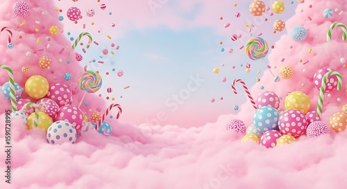 A whimsical landscape of pink cotton candy clouds and scattered candies, lollipops, and candy canes against a pastel sky.