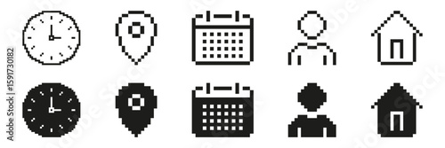 Pixel Art Icon Set Featuring Clock, Location Pin, Calendar, User, And House Symbols. Time Management, Navigation, Scheduling, User Profile, And Home Concepts. Isolated Vector Illustration