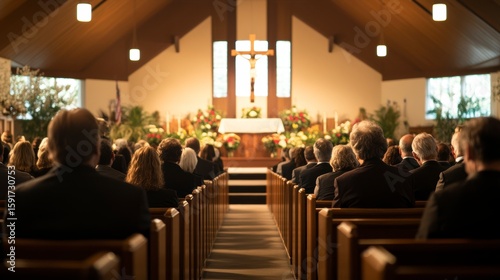 Mourners seated in church sanctuary during funeral service.