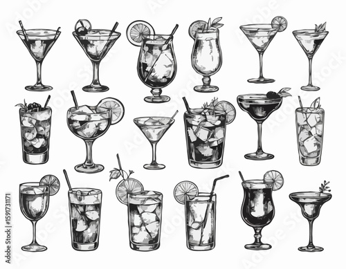Hand-drawn collection of cocktails and drinks in various glass styles. Vintage ink sketch vector illustrations of classic alcoholic beverages.