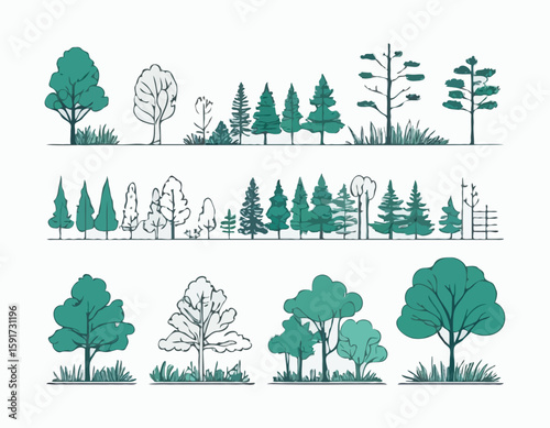 Architectural Drawings, Minimal style cad tree line drawing, Side view, set of section forest outline for landscape design drawing. Vector illustration