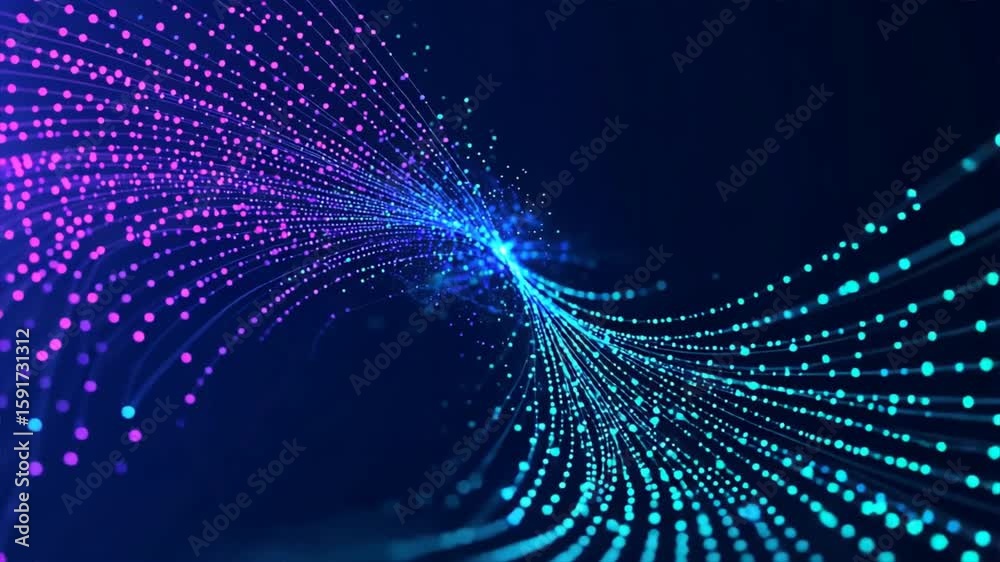 Swirling pattern of purple and blue dots in abstract digital space showing data points in a complex tech mesh forming a global network shape