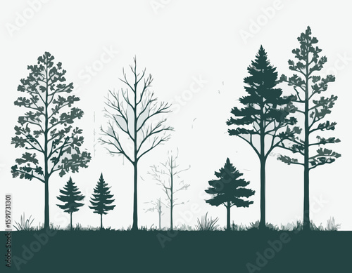 Architectural Drawings, Minimal style cad tree line drawing, Side view, set of section forest outline for landscape design drawing. Vector illustration