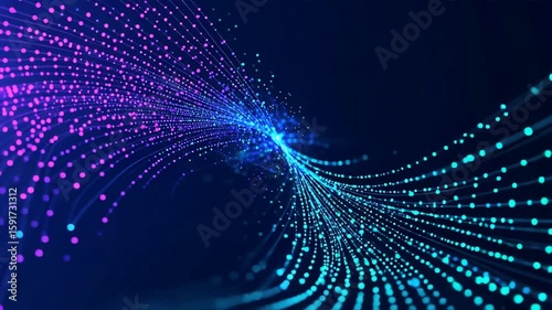 Swirling pattern of purple and blue dots in abstract digital space showing data points in a complex tech mesh forming a global network shape