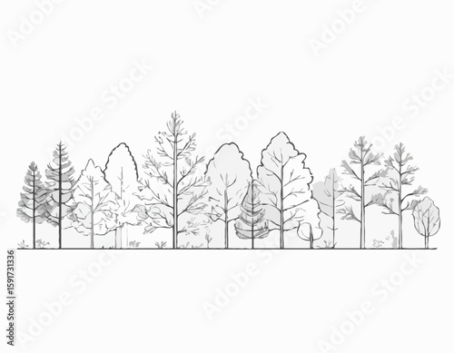 Architectural Drawings, Minimal style cad tree line drawing, Side view, set of section forest outline for landscape design drawing. Vector illustration