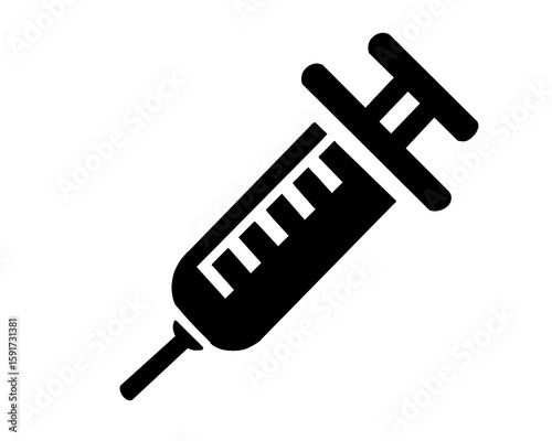 syringe icon, label in silhouette style, medical icon isolated on white background
