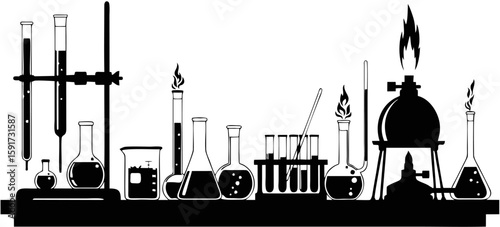 Black silhouette of chemistry lab set with glassware and burner on table, ideal for science, school education, experiments, and research-themed vector on white background