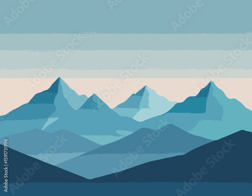 A minimalist illustration of a mountain range, with a soft blue palette and a subtle gradient effect.
