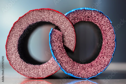 Cross-section foam pipe insulation foam tubes used for insulating water pipes to prevent heat loss and protect against freezing, close-up front view