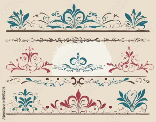 Border line, divider vector set, decorative floral ornamental elements design, swirl patterns vintage set graphic illustrations, embellishment isolated art collection