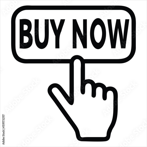 A black line drawing of a hand cursor pressing a buy now button, isolated on a white background. Ideal for use in e-commerce interfaces, online shopping apps, digital marketing materials, UX/UI mockup