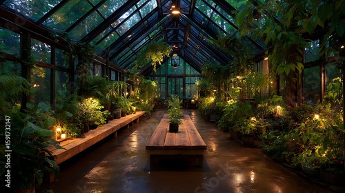 Tropical Greenhouse Interior: Lush greenery thrives within a stunning glass conservatory, illuminated by warm lighting, creating a tranquil and inviting atmosphere.