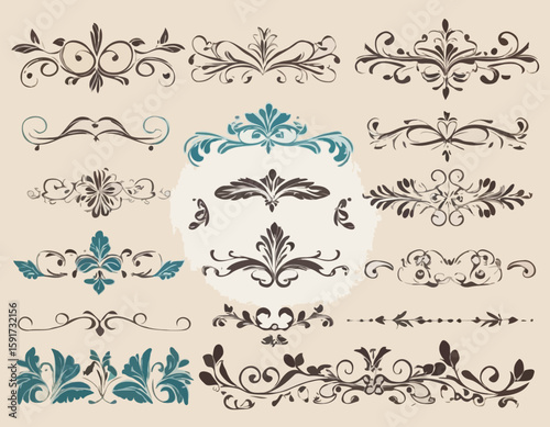 Border line, divider vector set, decorative floral ornamental elements design, swirl patterns vintage set graphic illustrations, embellishment isolated art collection