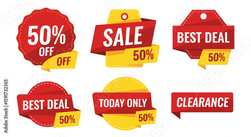 A set of six vector sale badges and stickers in red and yellow, advertising different promotions and discounts for retail and e-commerce businesses.