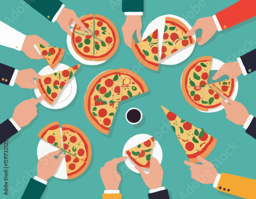 Vector illustration of hands taking pizza slices from table at corporate party. Hungry friends eating Italian fast food together. Family holding pieces