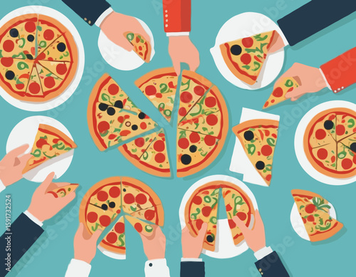 Vector illustration of hands taking pizza slices from table at corporate party. Hungry friends eating Italian fast food together. Family holding pieces