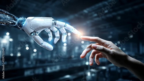 Robotic ai hand extending to touch a human arm, symbol of robotic intelligence growing alongside human life and robot assistant technology