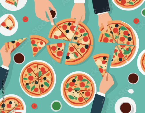 Vector illustration of hands taking pizza slices from table at corporate party. Hungry friends eating Italian fast food together. Family holding pieces